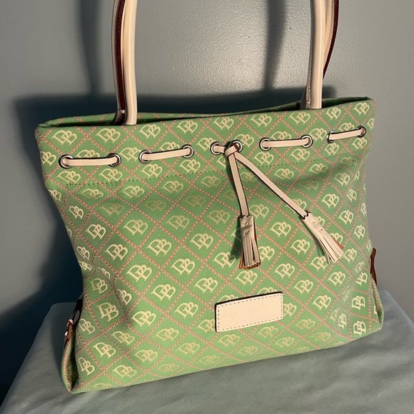 Dooney & Bourke Handbags - Dooney & Bourke tassel tote Mint green and pink logo canvas NWOT